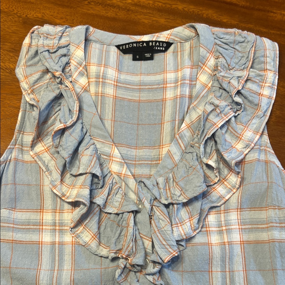 Veronica Beard Plaid Ruffle Blouse in Blue and Orange